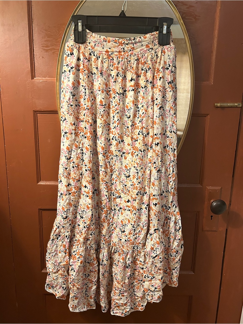 Free People White Maxi Skirt with Peach & Navy Floral Print
